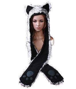 Wolf Animal Hood Hoodie Hat Faux Fur 3 in 1 Function White Fuzzy Warm 