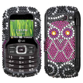 LG Octane VN530 Crystal Hard Case Snap On Cover Black Pink Owl Bling