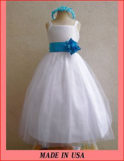 U4 WHITE/TURQUOIS​E BLUE INFANT FLOWER GIRL PAGEANT DRESS S M L XL 2 