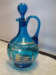 Vintage Blue Glass Cruet Oil Pitcher Decanter Gold and White Design
