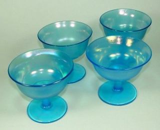 Ice Blue Iridescent Frosted Glass Sherbet Dishes Set/4 Dessert 