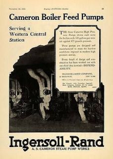 1924 Ad Ingersoll Rand Cameron Boiler Feed Pumps   ORIGINAL 