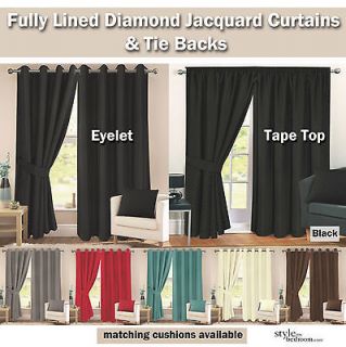   Lined Jacquard Diamond Detail Curtains + Ties in 11 Sizes & 6 Colours