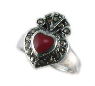 Heart Claddagh Inlay Marcasite Ring Pink Shell 925 Sterling Silver 