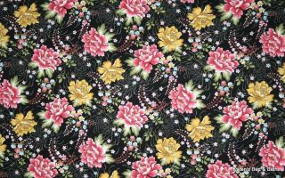 Oriental Asian Pink Coral Yellow Blue Floral Flowers on Black Curtain 