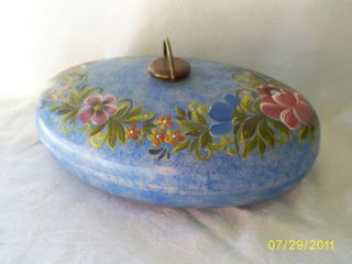 Vintage Metal Bed Warmer Painted Blue w/ Floral Design Brass Cap