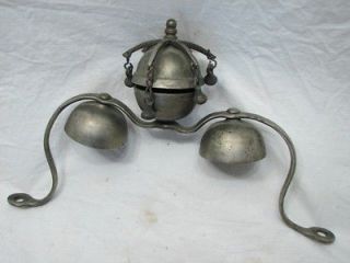 EARLY NICKEL PLATED BRASS HORSE HAMES SHAFT SLEIGH BUGGY BELLS TRIPLE 