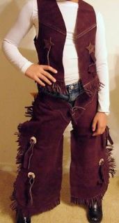   COWBOY COWGIRL BROWN LEATHER SUEDE VEST CHAPS KID CHILD DRESSUP