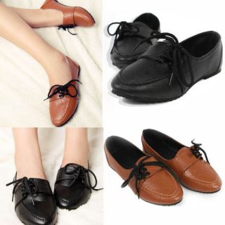 Ladies Women Vintage British Trend Lace Up Point Toe Casual Flats Slip 