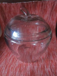 Clear apple cookie jar, three leaves on lid, 7 inches tall