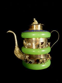 SIGNED CHINESE TEAPOT WITH CALENDAR ANIMALS & JADE RINGS   MONKEY 