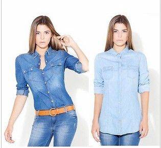Women Vintage Casual Blue Jean Denim Shirt Top Blouse 2 Colors S XL 