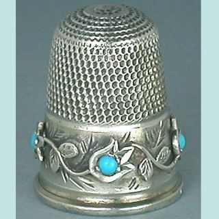 Antique English Sterling Silver & Turquoise Tulips Thimble 