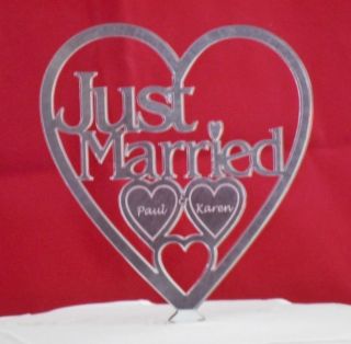   JUST MARRIED ** in mirror acrylic heart WEDDING CAKE TOPPER