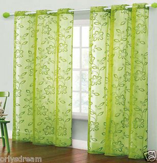   FLOCKED Texture Grommet Panels SHEER Fabric Curtain Set   HOT GREEN