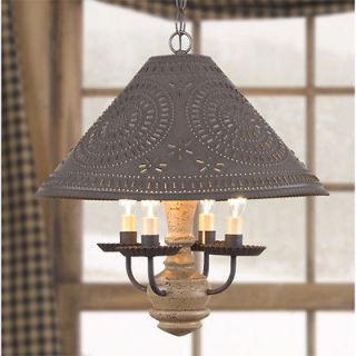   pearwood wood chandelier ceiling light w/ punched tin shade/ FREE SHIP