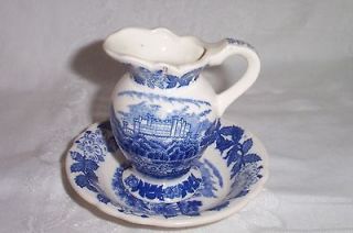Vintage Mini Ceramic Water Pitcher and Bowl Blue and White