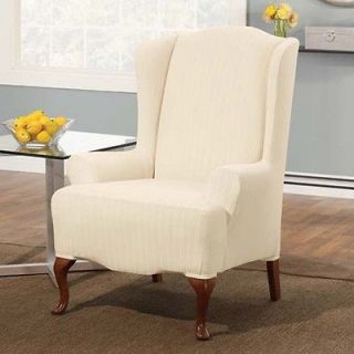 Surefit Cream Stretch Pinstripe Wing Chair Cover Slipcover