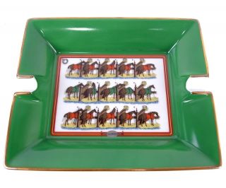 AUTHENTIC HERMES ECURIES GREEN HORSE PATTERN LARGE 3H ASHTRAY MADE 