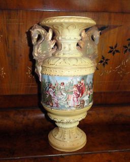 ANTIQUE DECORATIVE PORCELAIN URN WITH SCENE DOUBLE HANDLES HORSE AND 