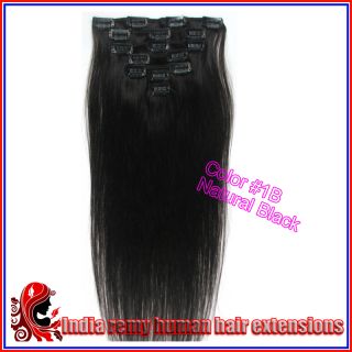clip in india remy human hair extensions 15 70g color #1B natural 