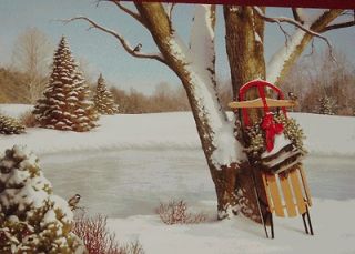   Cards New in Box Wooden Sled Ice Skates Against Tree near Pond