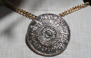 Vintage 70s 80s Gold Plated 2 Aztec Sundial Costume Pendant on 27 
