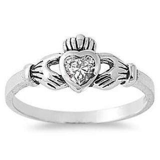   Claddagh Ring Clear CZ Traditional Irish Knot Band 925 Italy New
