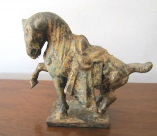 Antique Cast Iron Warrior Horse Statue with Saddle on Stand