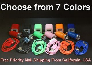   COLOR USB Power Car Charger sync cable ac wall adapter 4 iPod iPhone