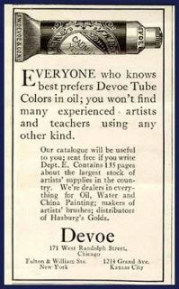 RARELY SEEN 1913 AD FOR DEVOE TUBE PAINTS FOR ARTISTS