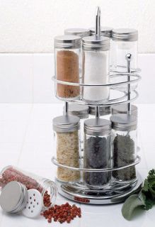  STAINLESS STEEL SPICE RACK WITH ROTATING STAND &12 GLASS SPICE JARS