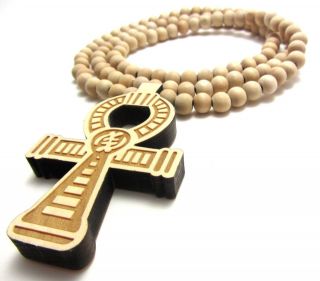   Cross Pendant Piece 36 Chain Bead Necklace Good Wood Style Egyptian