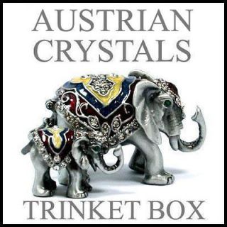 Baby Elephant & Mother Hinged Jewelry Trinket Box with Austrian 