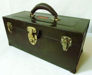 Vintage Army Green UNION STEEL CHEST Tool Box   LEATHER HANDLE ~ TRAY 