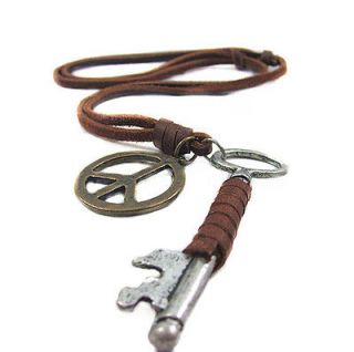   Mens Genuine Brown leather Peace Symbol with key pendant necklace