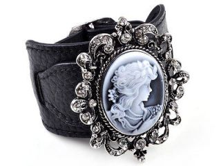   Crystal Cameo Sculpture Leather Buckle Bangle Bracelet Wristband