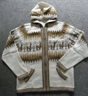 New White & Brown Alpacas Soft Sweater Jacket With Zipper Hood Peru 