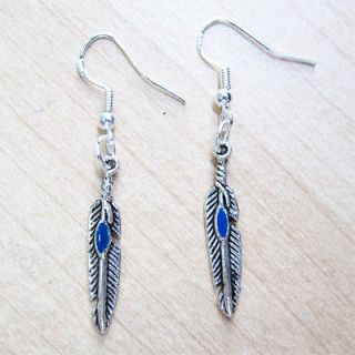   Silver Native American Western Turquoise Feather Charm Earrings NEW