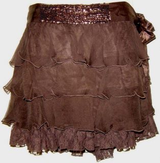  Brown Silk Crepe Tie Waist Sequin & Lace Ruffle Tier Mini Skirt New
