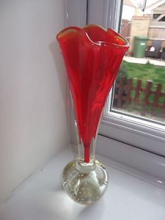LARGE TALL RED GLASS HANDKERCHIEF VASE WITH BUBBLE BASE