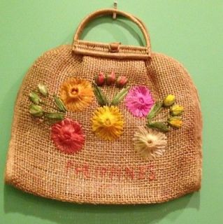 Vintage Philippenes Straw Bag Shopping Flowers Woven 1970s Tote Purse 