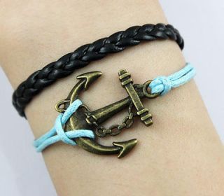   antique bronze anchor bracelet,anchor wax cord,braid leather bracelets