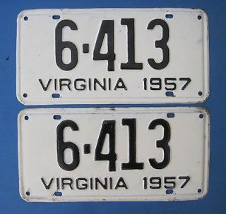 Original 1957 Virginia License Plates Matched Pair   Plate # 6 413