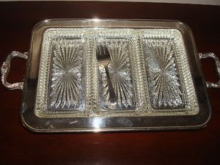Vintage LEONARD Silver Serving tray with glass inserts & 2 Forks