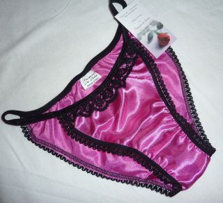 SHINY HOT FUSIA PINK SATIN FRENCH TANGA BRIEF KNICKERS BLACK LACE 
