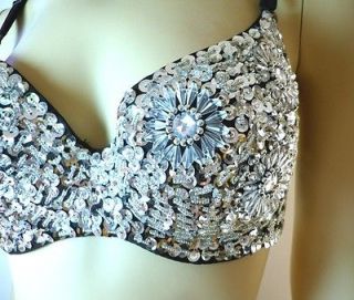 Brand New Sexy Silver Sequin Beaded Costume Belly Dance Bra Plus Size 