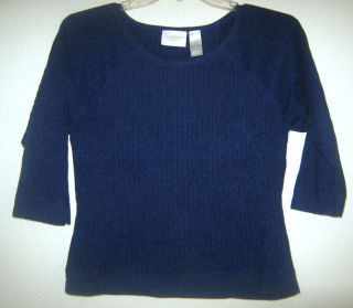 LIZ CLAIBORNE LIZWEAR JEANS PETITE Blue Knit Cable Ribbed Top Shirt 