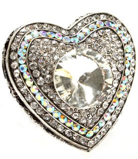 Crystal Locket Heart Stretch Ring Trinket Box Antique Silver Ton