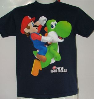 Mario Bros & Yoshi T Shirt Boys sz 8 10 12 14 Kid Cotton Top Navy Blue 